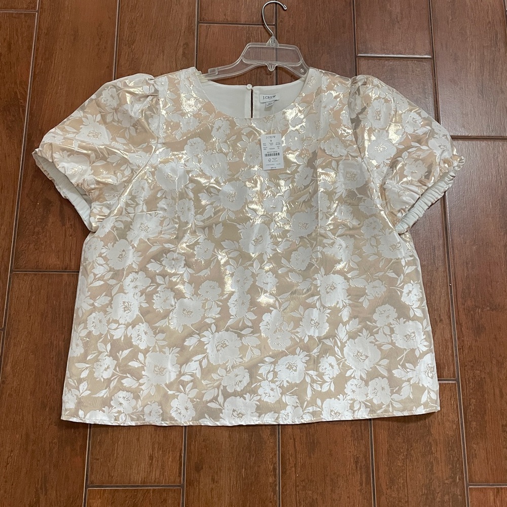 NWT J. Crew Factory Gold Jacquard Puff Sleeve Top